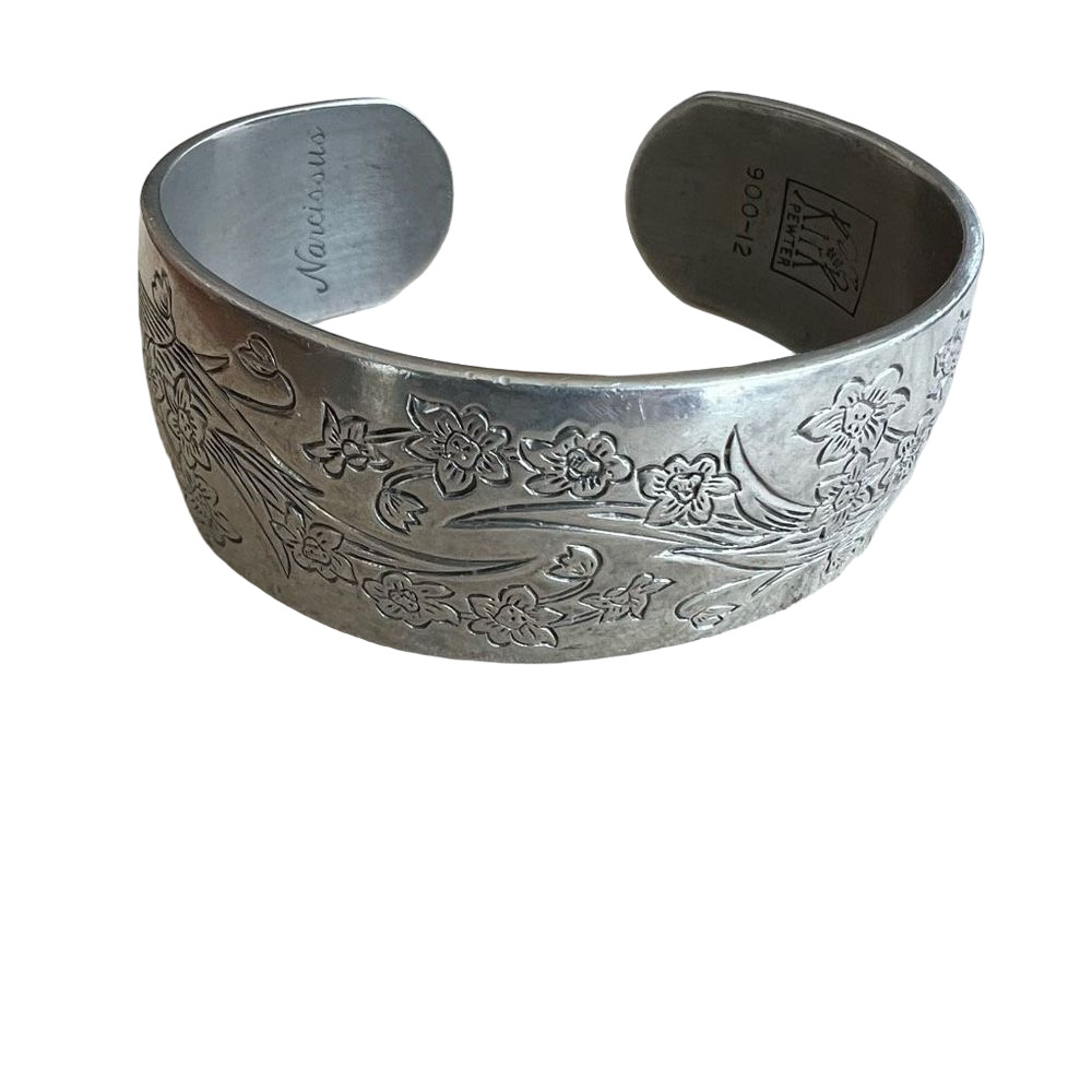 Kirk Pewter Vintage Narcissus Etched Floral Detail Cuff Bracelet